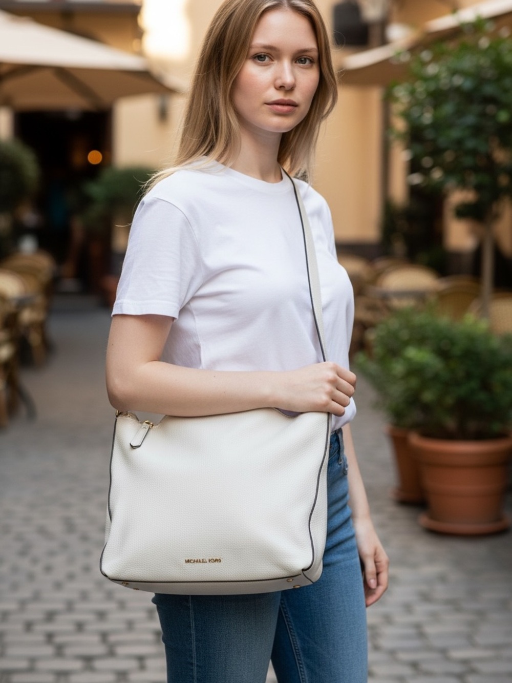 Michael Kors Cream Leather Shoulder Hobo with Gold Hardware